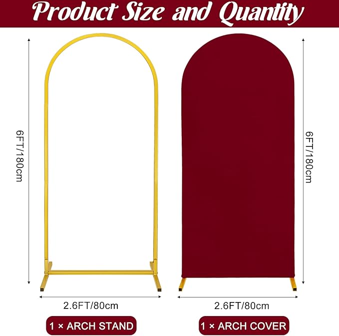 Metal Arch Stand and Cover Set,1 Burgundy Spandex Fitted Backdrop with 1 Gold Wedding Arched Stand Frame for Parties Birthday Baby Shower Bridal Banquet Decoration (6FT)