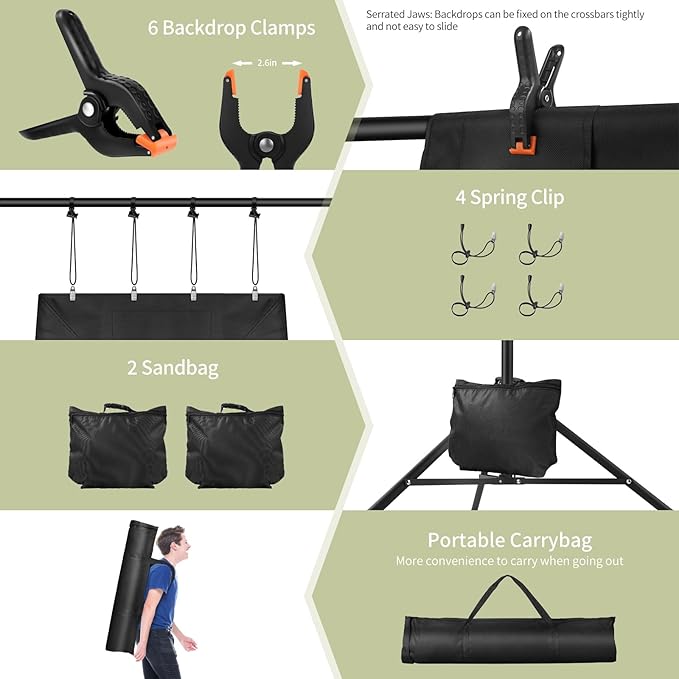 Backdrop Stand 10x7ft(WxH) Photo Studio Adjustable Backdrop Stand Kit Photography Backdrops with 4 Crossbars, 6 Clamps, 4 Spring Clip, 2 Sandbags and Carry Bag for Parties/Wedding/Photography