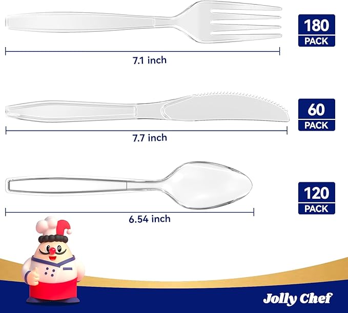 JOLLY CHEF 360 Count Clear Plastic Silverware Heavy Duty-180 Forks, 120 Spoons, 60 Knives, Heat Resistant Plastic Cutlery, Disposable Utensils Set for Parties, Events, Everyday Use