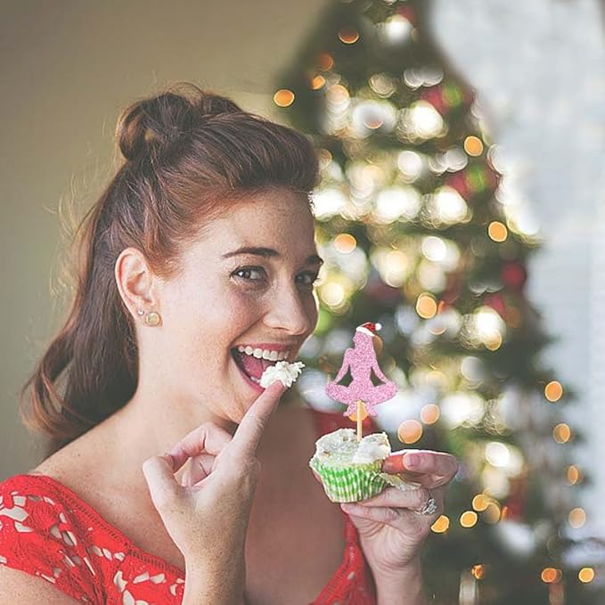 24Pcs Christmas Cupcake Toppers Pink Glitter Bachelor Cupcake Picks Christmas Hat Hohoho Eve Decorations for Night Out Bachelorette Wedding Bridal Shower