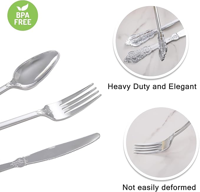WELLIFE 50 Pack Silver Plastic Silverware,Christmas Silverware,Plastic Cutlery Set Include 50 Forks, 50 Knives, 50 Spoons and 50 Pre Rolled Napkins, Disposable Utensils for Party and Christmas