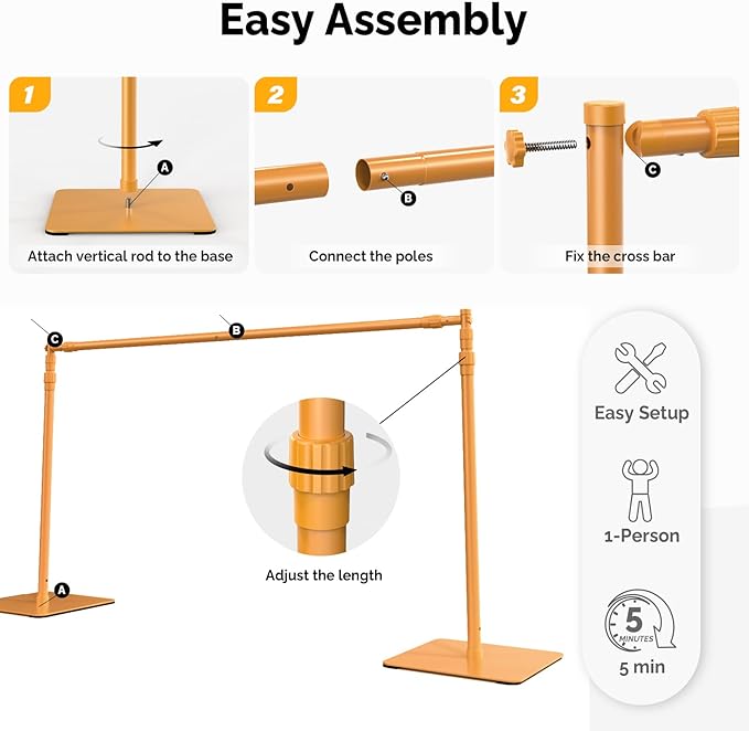 Backdrop Stand, 8x10 ft Adjustable Photo Backdrop Stand Kit, Heavy Duty Background Stand with Steel Base for Photography, Baby Shower, Birthday Parties, Wedding (Golden)