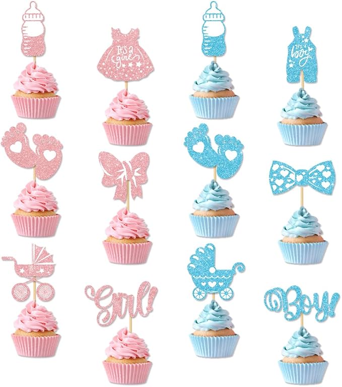 36PCS Gender Reveal Cupcake Toppers – Pink and Blue Color Scheme Baby Shower Decorations with Glitter Paper Bottles, Bows, Bodysuits, Pants, Dresses & Feet for Boy or Girl Party