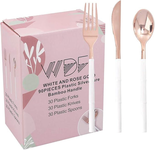 WDF 90Pieces Rose Gold Plastic Silverware - Rose Gold Plastic Cutlery with White Handle- Heavy Duty Disposable Silverware Include 30Forks, 30 Spoons, 30 Knives for Valentines Day, Wedding, Party