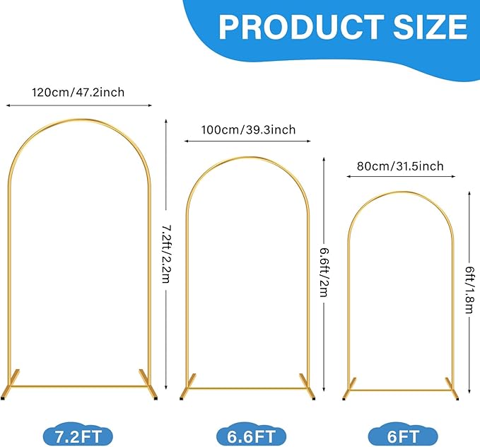 Heavy Duty Metal Arch Backdrop Stand, 6.6FT Stable Gold Arch Stand with Ground Stakes and Water Bags, Balloon Arch Stand for Wedding Party Baby Shower Photo Flower Arch Decration (6.6FT)