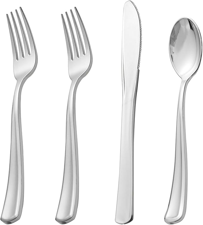 Nervure 300 Pack Silver Plastic Silverware - Disposable Silver Plastic Cutlery Set - Heavy Duty Silverware Include 150 Forks, 75 Knives, 75 Spoons Perfect for Parties, Dinners & Weddings