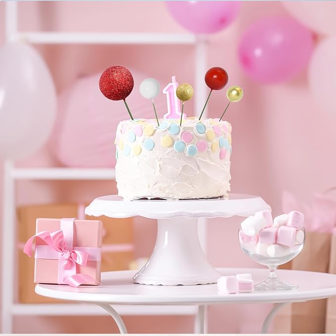 ASTARON 50 Pcs Ball Cake Topper Sticks Mini Balloons for Cake Decorating Supplies Foam Balls for Graduation Cake Birthday Cake Toppers Decorations (Gold，Red Series)