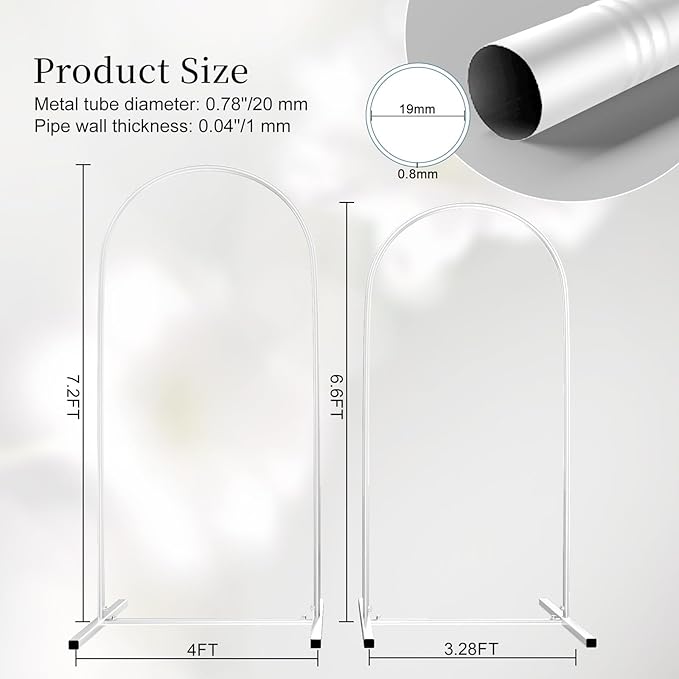Metal Arch Backdrop Stand Set of 2, Heavy-Duty Balloons Arch Frame for Wedding Ceremony, Party, Baby Shower, Birthday Decorations (White, 7.2ft+6.6ft)
