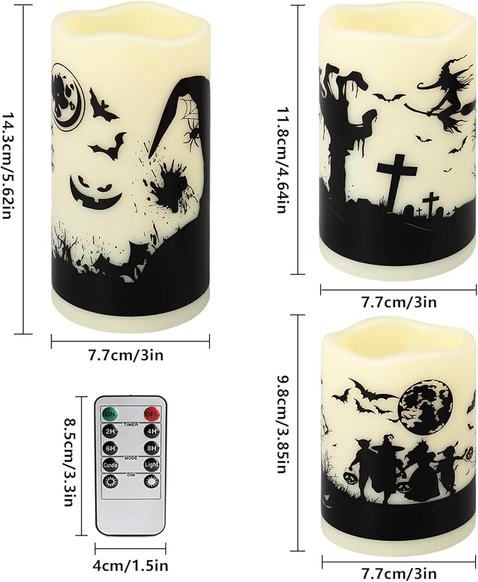 12-Pack Halloween LED Flameless Pillar Candles - Battery Operated with Remote & Timer, Flickering Warm Light, Witch/Bats/Castle Decals - Spooky Halloween Decor, Ghost Party Supplies, Gifts
