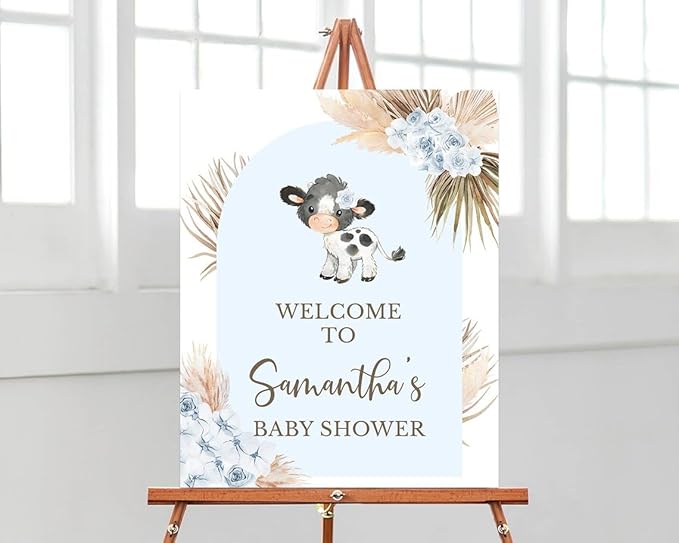 Boy Blue Cow Baby Shower Welcome Sign, Baby Shower Sign, Welcome to Baby Shower Sign Personalized, Welcome Sign for Baby Shower, Baby Shower Welcome Sign with Stand, Custom Baby Shower Sign