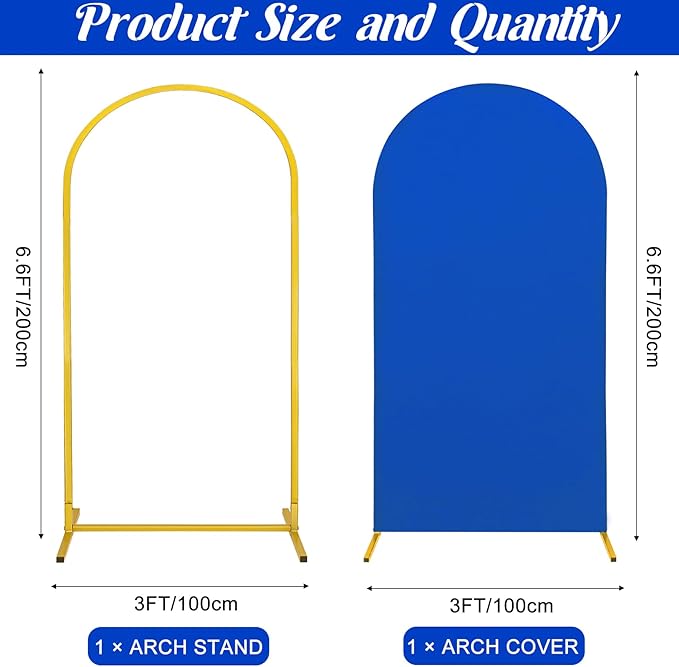 Metal Arch Stand and Cover Set,1 Royal Blue Spandex Fitted Backdrop with 1 Gold Wedding Arched Stand Frame for Parties Birthday Baby Shower Bridal Banquet Decoration (6.6FT)
