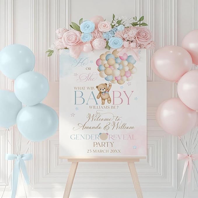We Can Bearly Wait Gender Reveal Welcome Sign, He or She Bear Theme Banner, Teddy Bear Pink Blue Balloon Boy or Girl Party #5