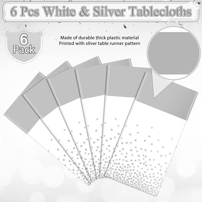 MASHAN 6Pcs White and Silver Polka Dot Plastic Tablecloth, 54x108 Inch, Rectangular, Waterproof, Spill-proof, Stain Resistant, Ideal for Various Themed Parties, 6 Count