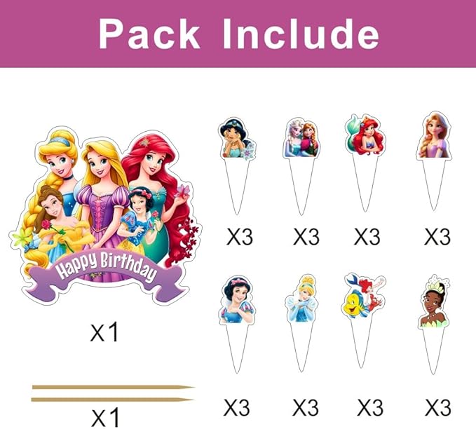 25Pcs Princess Cake Decorations with 24pcs Cupcake Toppers 1pcs Cake Topper for Princess Themed Birthday Party Supplies