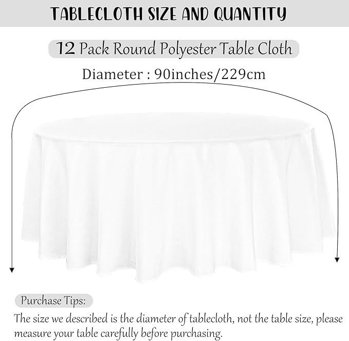 Fivenl 12 Pack White Round Tablecloth 90 Inch Round Table Covers Bulk Washable Polyester Fabric Round Table Clothes for Wedding Party Reception Banquet Buffet Restaurant (White, 90 Inch)