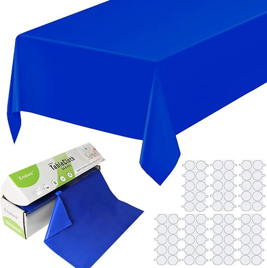 54 in X 98.4 Ft Plastic Table Cloth Roll Disposable Blue Tablecloth with Slide Cutter Box for Rectangle Round Tables,Picnic,Camping,Banquet,Party,Birthdays, Baby Shower [with Fixed Stickers]