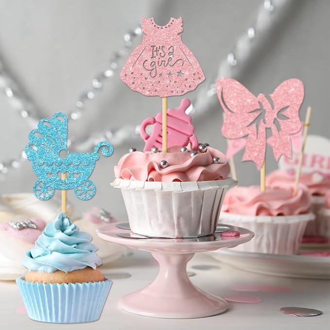 Cyuan 36PCS Gender Reveal Cupcake Toppers – Pink & Blue Glitter Baby Shower Decorations with Bottles, Bows, Bodysuits, Pants, Dresses & Baby Feet for Boy or Girl Party