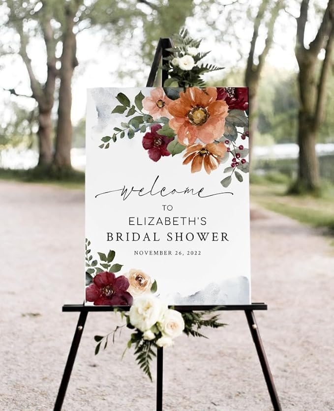 Bridal Shower Welcome Sign, Fall Autumn Wedding Shower Sign, Orange Burgundy floral Bridal Shower Welcome Sign, Bridal Shower Decorations, Bridal Shower Yard Sign