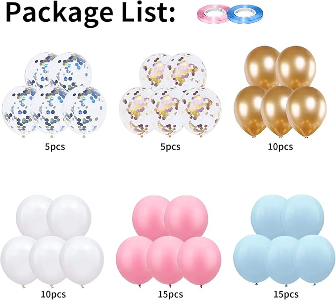 Balloons Pink and Blue, 60 Pack 12 Inch Pastel Light Pink Blue with Metallic Gold Confetti Balloons for Birthday, Gender Reveal, Baby Shower, Boy or Girl Party Decoration