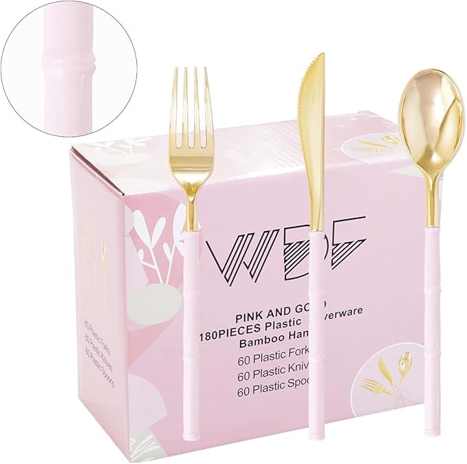 WDF 180Pieces Gold Plastic Silverware-Gold Plastic Cutlery with Pink Handle- Heavyweight Disposable Flatware-Disposable Utensils Include 60 Forks,60 Spoons,60 Knives for Wedding/Party