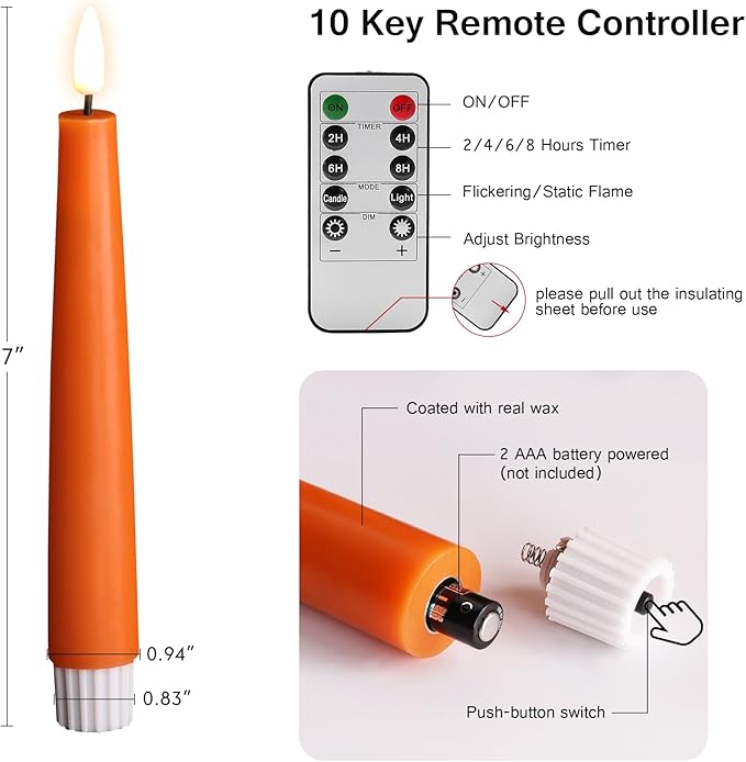 Eywamage Orange Flameless Taper Candles with Remote, Flickering Fall Thanksgiving LED Wax Candlesticks Set of 6