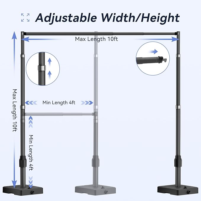 EMART 10x10ft Backdrop Stand Heavy Duty Kit with Water Tank Base, Pipe and Drape Adjustable Photo Backdrop Stand for Wedding, Party, Baby Shower, Christmas, Birthday Decorations-Black