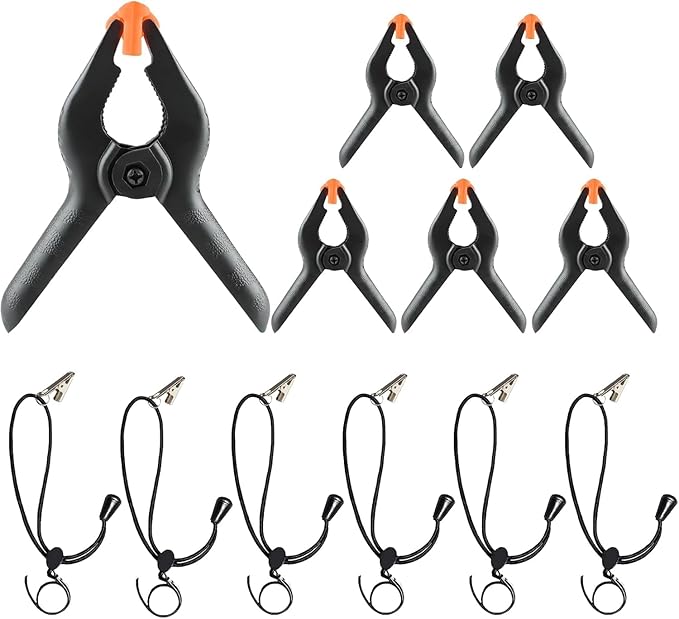 6 Pack 4.5 Inch Heavy Duty Spring Clamps + 6 Pack Backdrop Clips, Elastic Nylon Backdrop Clamps Holder Background Clips for Video Photography Background Support, Canvas, Creation and Home Use