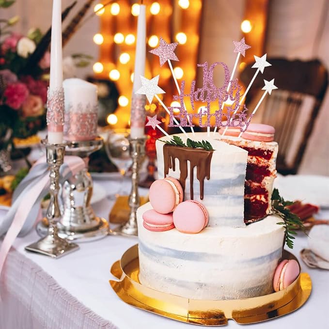 Glittery 10th Happy Birthday Cake Topper with Star,Personalised 10 Birthday Cake Toppers Party Decorations Party Supplies for Boys Girls Rose Gold