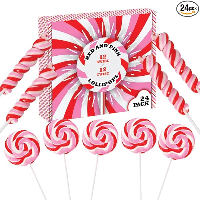 24 Red, Pink and White Lollipops Individually Wrapped - 18g Swirl and 12g Twisty Suckers