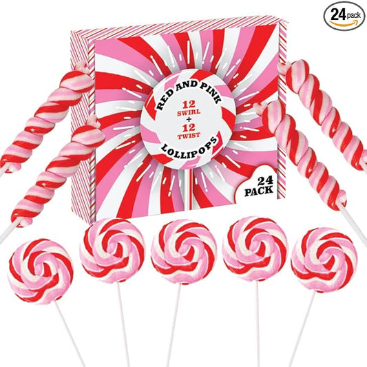 24 Red, Pink and White Lollipops Individually Wrapped - 18g Swirl and 12g Twisty Suckers
