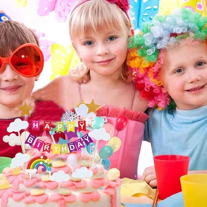 MEMOVAN Rainbow Cake Topper 15pcs Happy Birthday Cake Flag Banner, Colorful Rainbow Clouds Balloon Ball Cake Cupcake Topper Colorful Rainbows Cake Decoration for Boys Girls Birthday Baby Shower Party