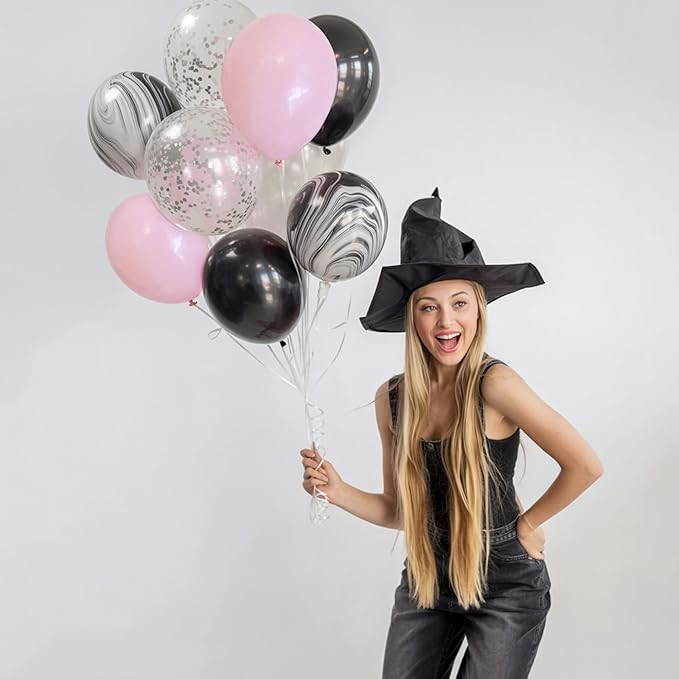 Balloons Black and Pink, 60 Packs 12 Inch Pink Black White Latex Balloon with Agate Balloon Silver Confetti Balloons for Girls Birthday Baby Shower Halloween Party