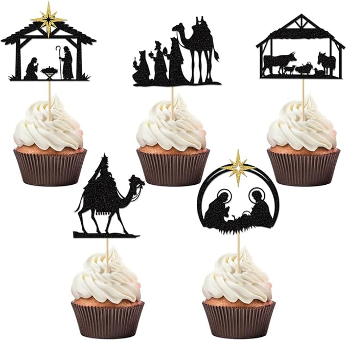 30Pcs Christmas Nativity Cupcake Toppers Black Glitter Holy Cake Decoration Christmas Jesus Decorations for Nativity Scene Holy Family Religious Birthday Party Decorations