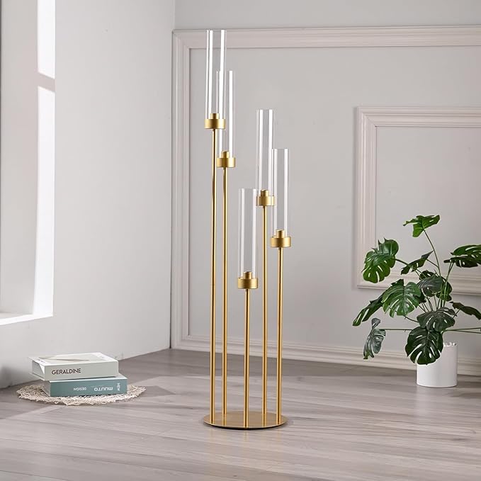 10PCS Gold Floor Candelabra,5 Arm Candle Holder Tall Floor Candle Holder with Acrylic Lampshade for Wedding Table Birthday Party Home Decoration Fit LED Taper Candles
