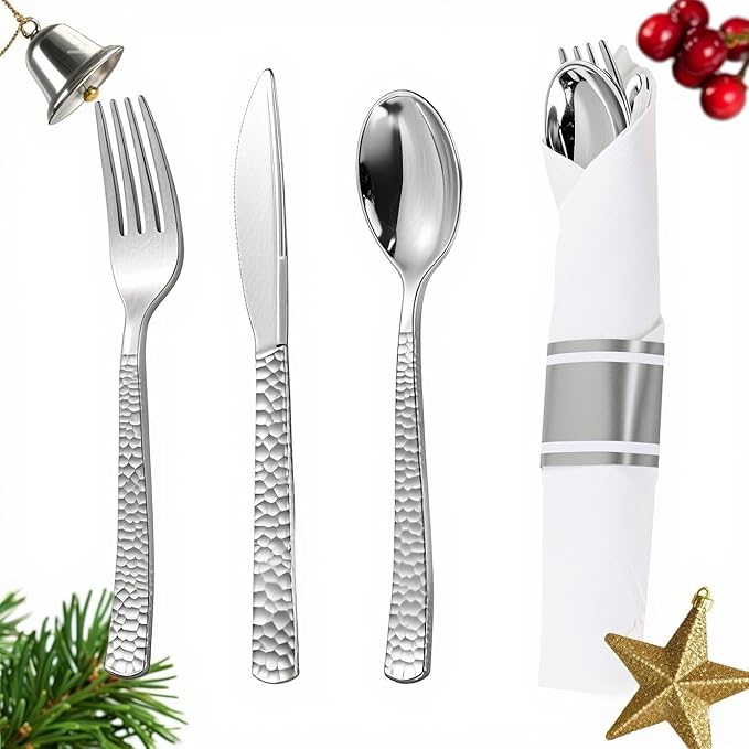 WELLIFE 50 Pack Silver Plastic Silverware,Wrapped Silverware Set Disposable,Hammer Pattern Design,Includes:50 Forks, 50 Knives, 50 Spoons, 50 Napkins,Utensils Plastic Disposable for Christmas