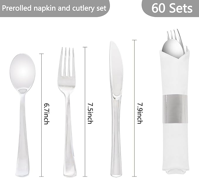 60 Pack Pre Rolled Silver Plastic Silverware Set,Wrapped Plastic Cutlery Set with Napkin Include 60 Forks,60 Spoons,60 Knives and 60 White Napkins for Party, Wedding,Birthday,Christmas