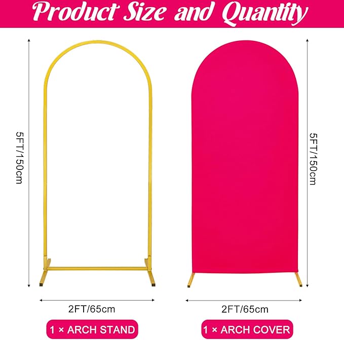 Metal Arch Stand and Cover Set,1 Fushia Spandex Fitted Backdrop with 1 Gold Wedding Arched Stand Frame for Parties Birthday Baby Shower Bridal Banquet Decoration (5FT)