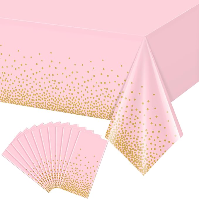 12 Pack Pink and Gold Plastic Tablecloth for Parties, Pink Disposable Table Cloth for Rectangle Tables, Gold Stamping Dot Confetti Light Pink Tablecloth for Birthday Wedding Baby Shower Party, 54x108"