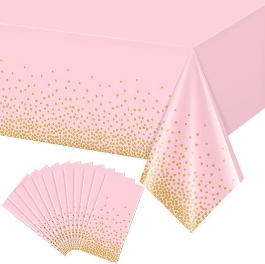 12 Pack Pink and Gold Plastic Tablecloth for Parties, Pink Disposable Table Cloth for Rectangle Tables, Gold Stamping Dot Confetti Light Pink Tablecloth for Birthday Wedding Baby Shower Party, 54x108"