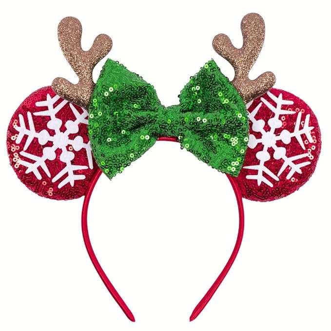 1 Pack Christmas Snowflake Headbands Mouse Ears Hairband Elk Antler Hair Hoop Green Red Glitter Sequins Bow Headband Hair Ornament for Christmas Cosplay Princess Dress Up Party Hair Accessories