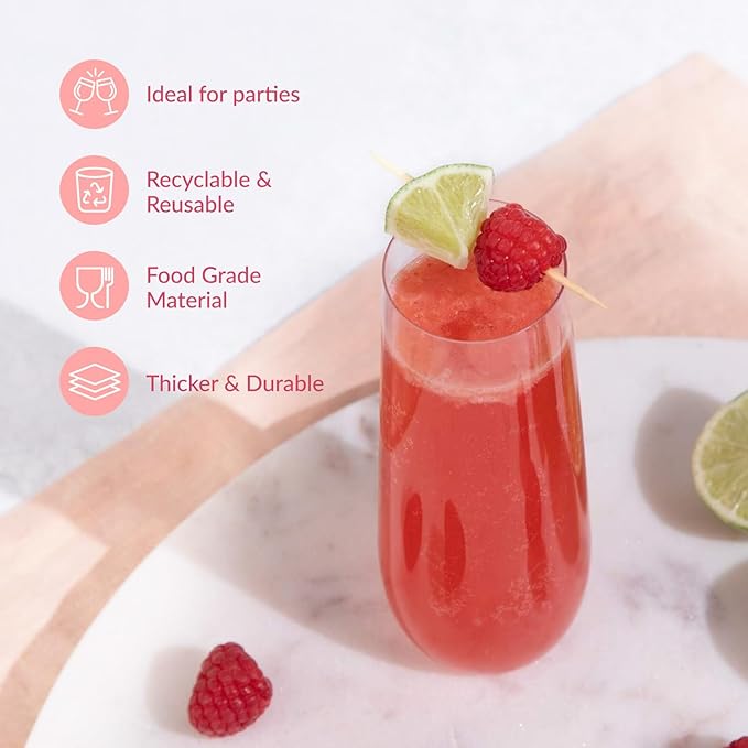 Prestee 24-Pack Stemless Champagne Flutes 9 oz - Clear Plastic Cups for Wine, Cocktails, and Mimosas - Elegant Disposable Flutes for Parties, Weddings, Birthdays, Holiday Dinners, and Celebrations