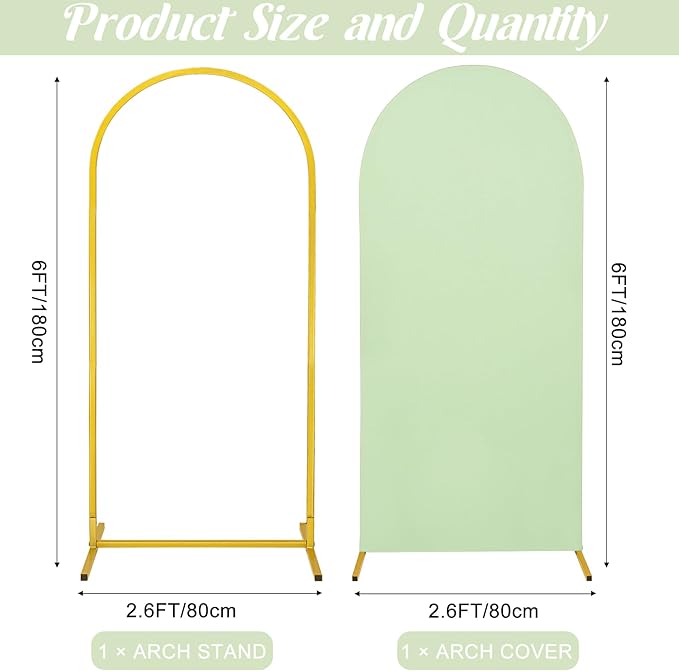 Metal Arch Stand and Cover Set,1 Sage Green Spandex Fitted Backdrop with 1 Gold Wedding Arched Stand Frame for Parties Birthday Baby Shower Bridal Banquet Decoration (6FT)