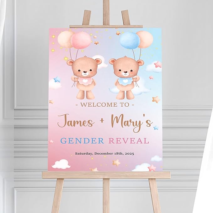 Welcome Baby Boy Or Girl Signs - Bear And Balloons Gender Reveal