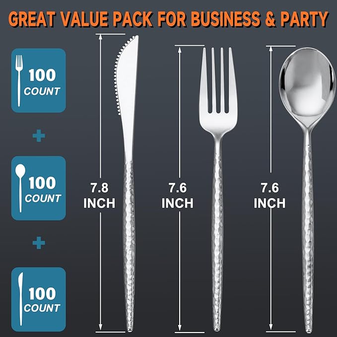 SUT 300PCS Silver Plastic Silverware, Utensils Plastic Disposable, Utensils Set Includes 100 Knives, Forks and Spoons, plastic cutlery, Disposable Silverware for Party, Hammered Silverware Set