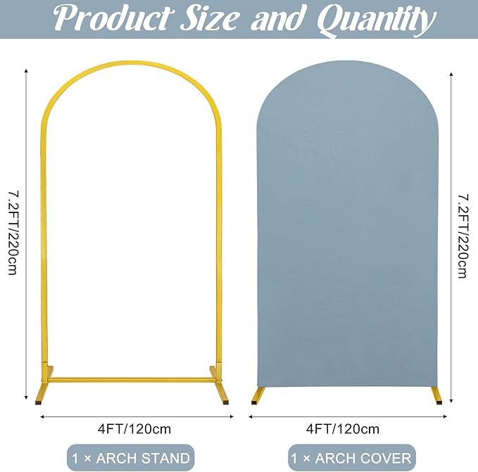 Metal Arch Stand and Cover Set,1 Dusty Blue Spandex Fitted Backdrop with 1 Gold Wedding Arched Stand Frame for Parties Birthday Baby Shower Bridal Banquet Decoration (7.2FT)