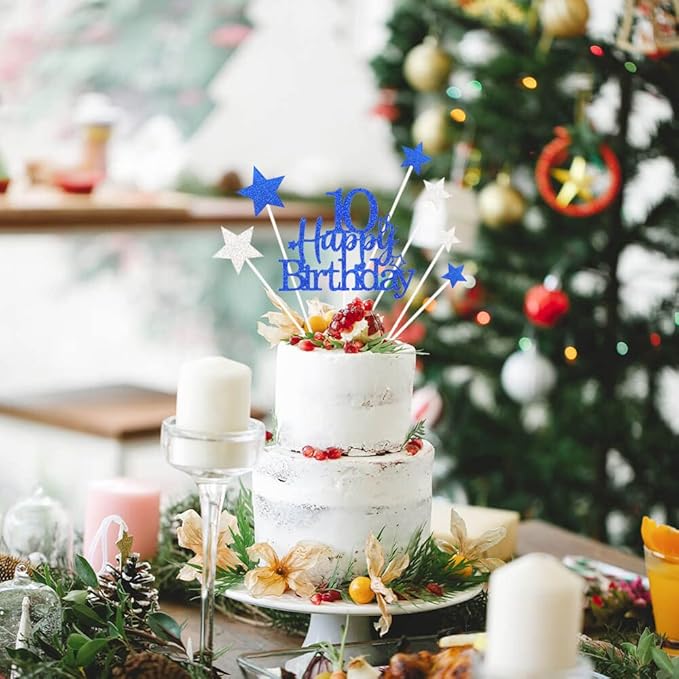 Glittery 10th Cake Topper with Star Boys and Girls 10th Birthday Party Supplies, Ten Years Old Birthday Party Decorations Royal Blue