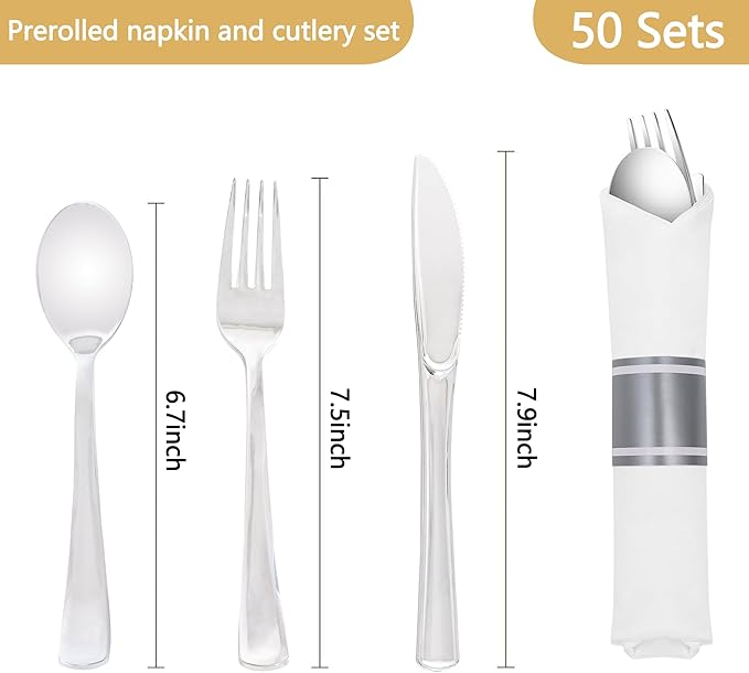 50 Pack Pre Rolled Silver Plastic Silverware Set,Wrapped Plastic Cutlery Set with Napkin Include 50 Forks,50 Spoons,50 Knives and 50 White Napkins for Party,Wedding,Christmas