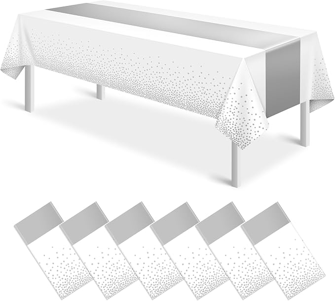 MASHAN 6Pcs White and Silver Polka Dot Plastic Tablecloth, 54x108 Inch, Rectangular, Waterproof, Spill-proof, Stain Resistant, Ideal for Various Themed Parties, 6 Count