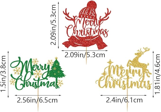 24Pcs Merry Christmas Cupcake Toppers Glitter Xmas Tree Deer Cap Snow Christmas Eve Xmas Cupcake Picks for Celebrating Merry New Year Birthday Party Supplies