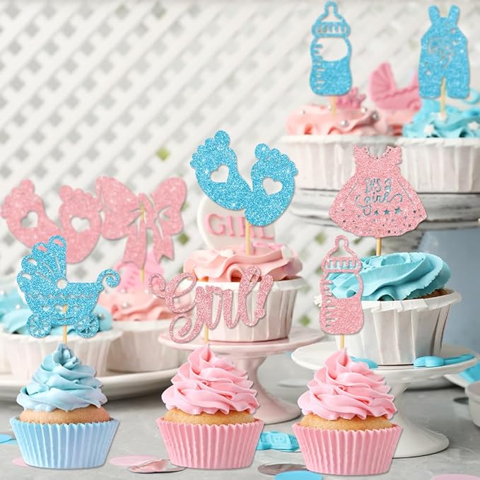 36PCS Gender Reveal Cupcake Toppers – Pink and Blue Color Scheme Baby Shower Decorations with Glitter Paper Bottles, Bows, Bodysuits, Pants, Dresses & Feet for Boy or Girl Party